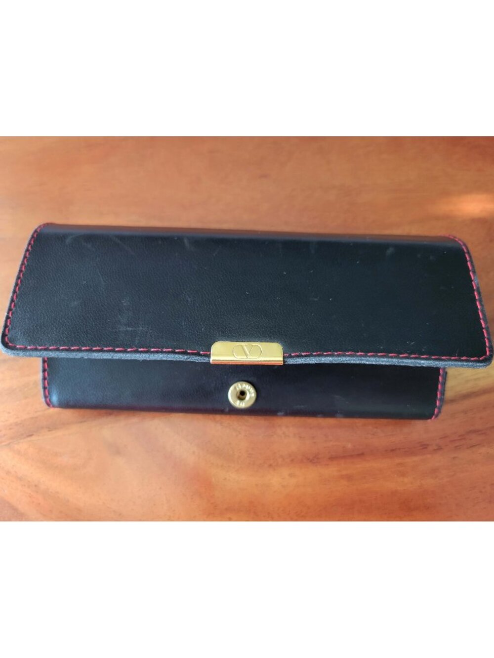 VTG Valentino Les Lunettes Black Leather Sunglasses Case Logo Gold Clasp Closure